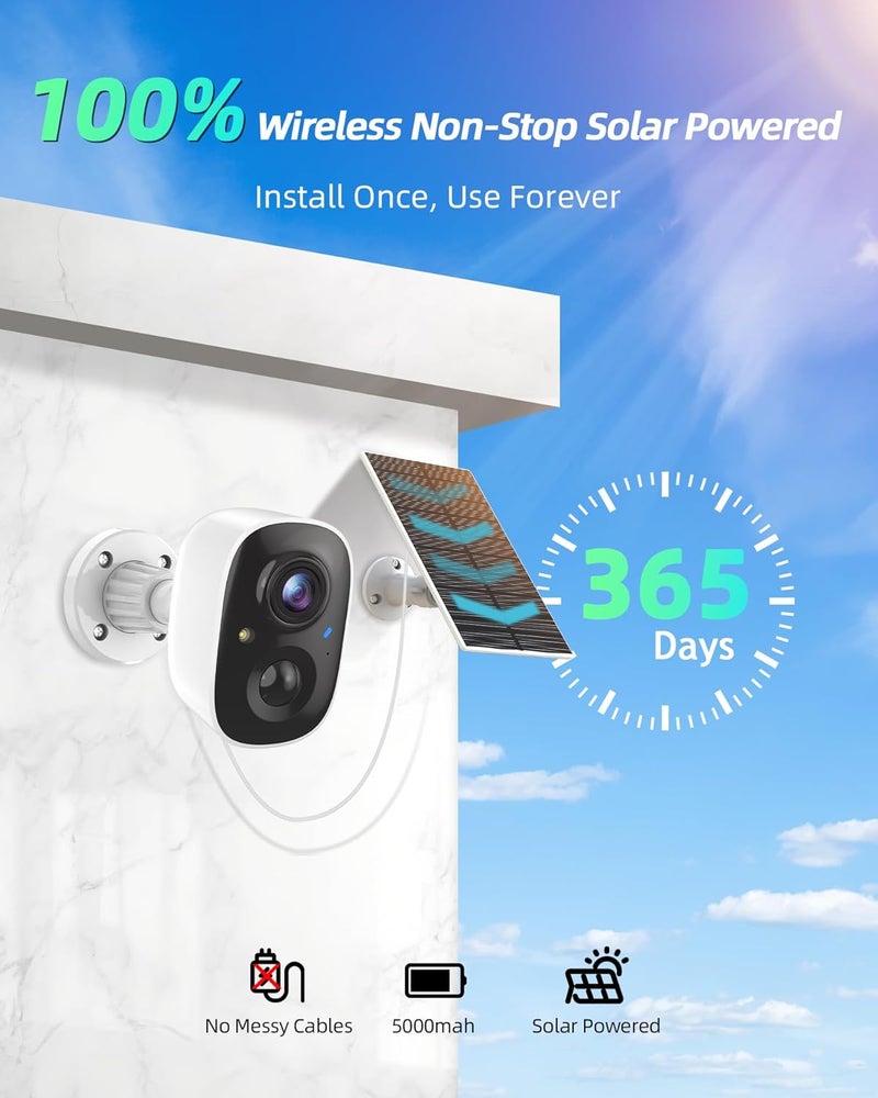 MaxiViz كاميرا شمسية خارجية لاسلكية، كاميرا أمان Wi-Fi 2.4G مع كشف الحركة بالذكاء الاصطناعي، كاميرات لأمان المنزل، رؤية ليلية ملونة بدقة 2K، حديث ثنائي الاتجاه، مقاومة للعوامل الجوية IP66، تخزين سحابي/SD، عبوتان - Image 2